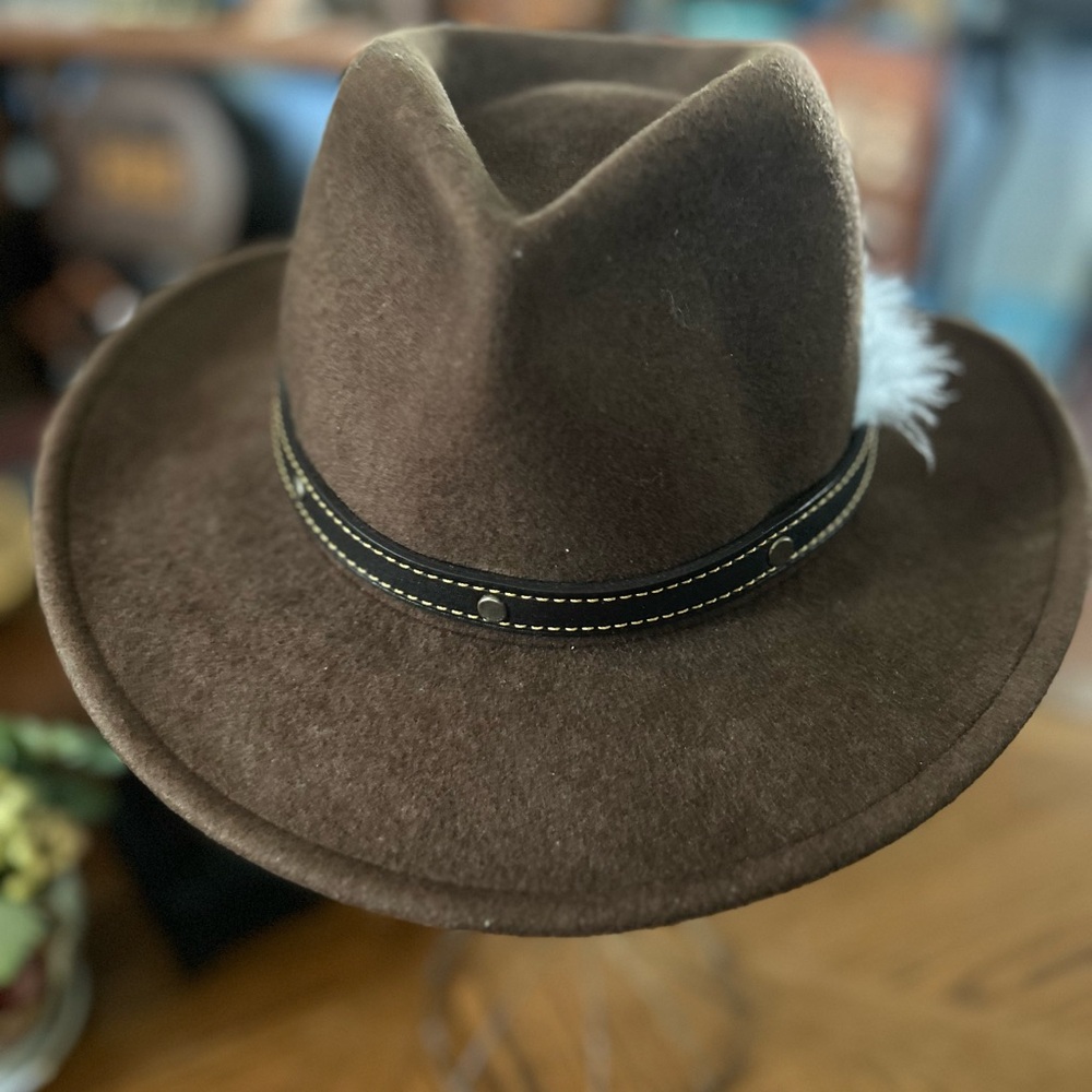 Vintage Brown Wool Cowboy Hat with Leather Band & Feather Accent - Picture 6 of 14
